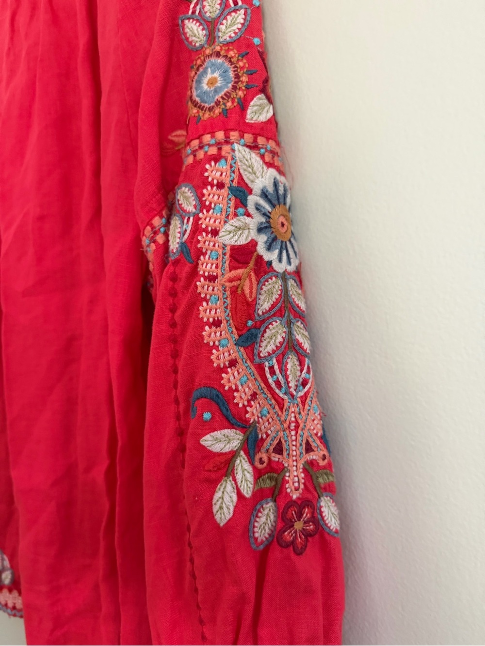 Johnny Was Maisie Peasant Tie Embroidered Blouse Linen Boho Coral Size Small - Picture 16 of 16